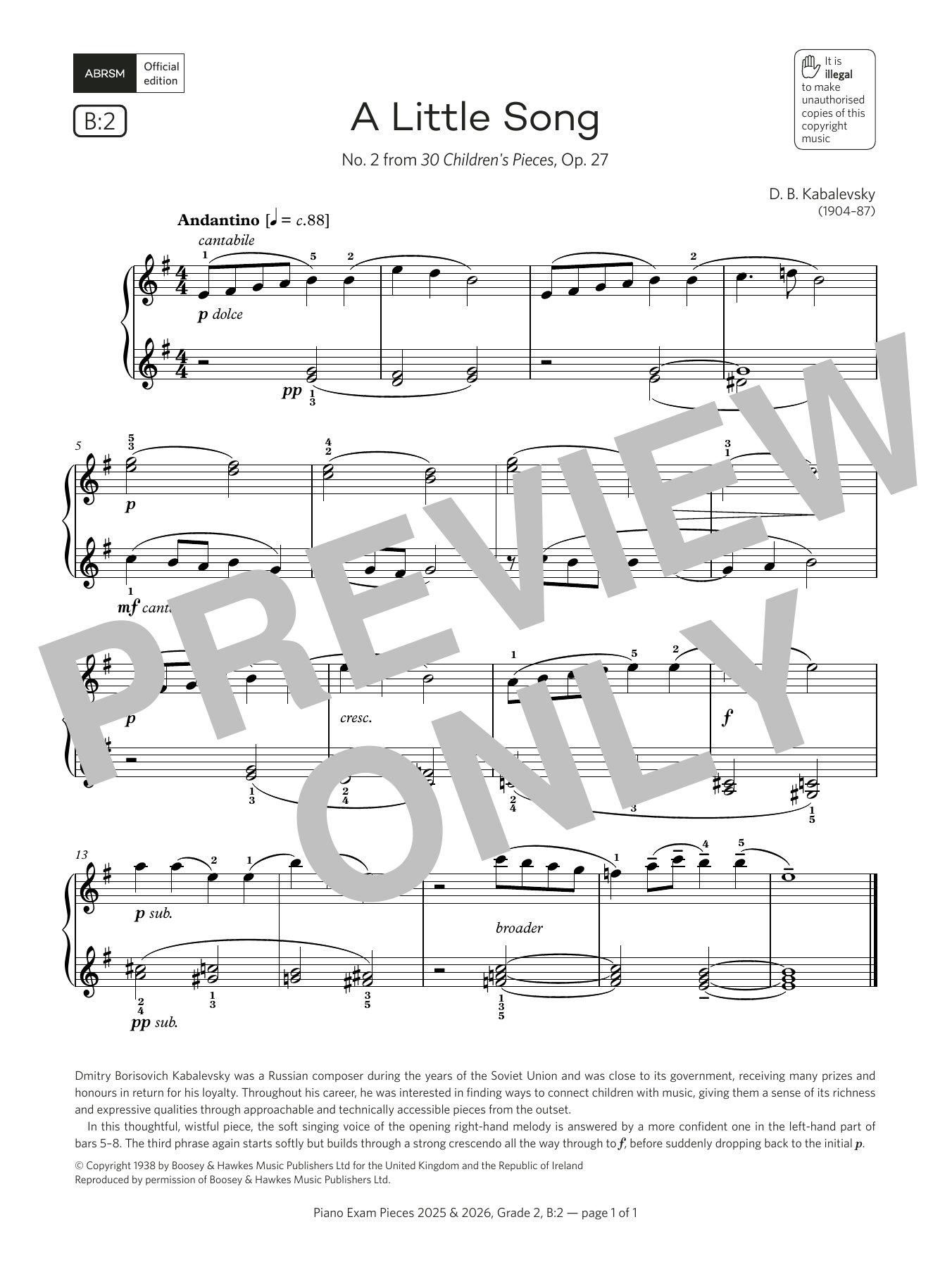 D. B. Kabalevsky A Little Song (Grade 2, list B2, from the ABRSM Piano Syllabus 2025 & 2026) sheet music notes and chords arranged for Piano Solo