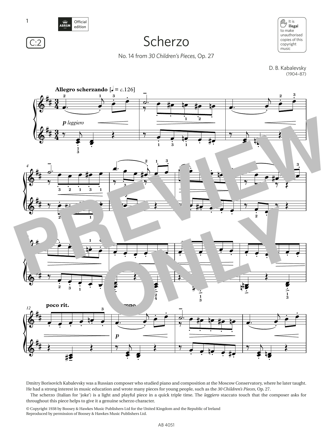 D B Kabalevsky Scherzo (Grade 5, list C2, from the ABRSM Piano Syllabus 2023 & 2024) sheet music notes and chords arranged for Piano Solo