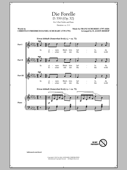 D. Jason Bishop Die Forelle (Schubert) sheet music notes and chords arranged for 3-Part Treble Choir