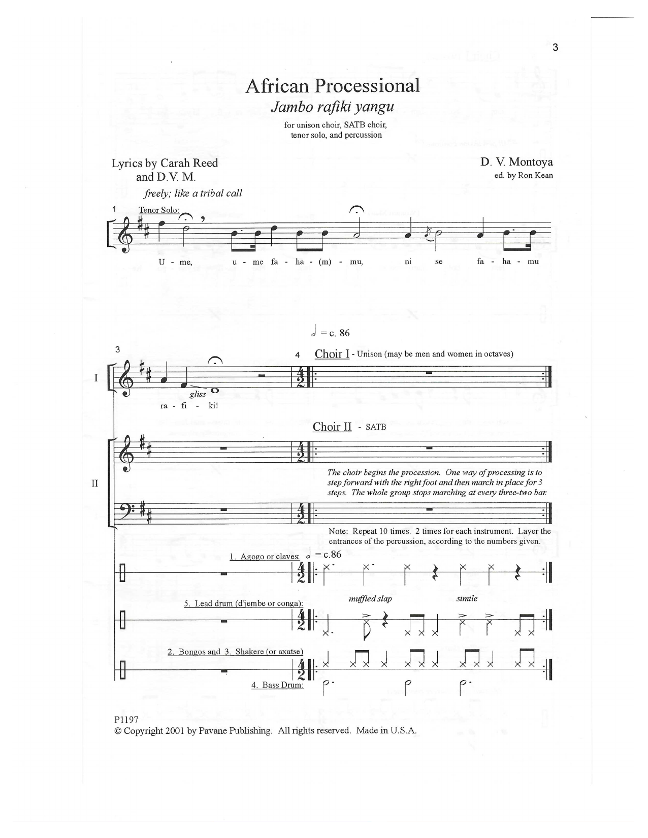 D. V. Montoya African Processional sheet music notes and chords arranged for SATB Choir