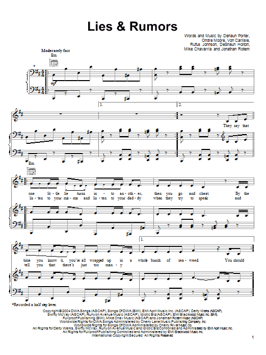 D12 Lies & Rumors sheet music notes and chords arranged for Piano, Vocal & Guitar Chords (Right-Hand Melody)