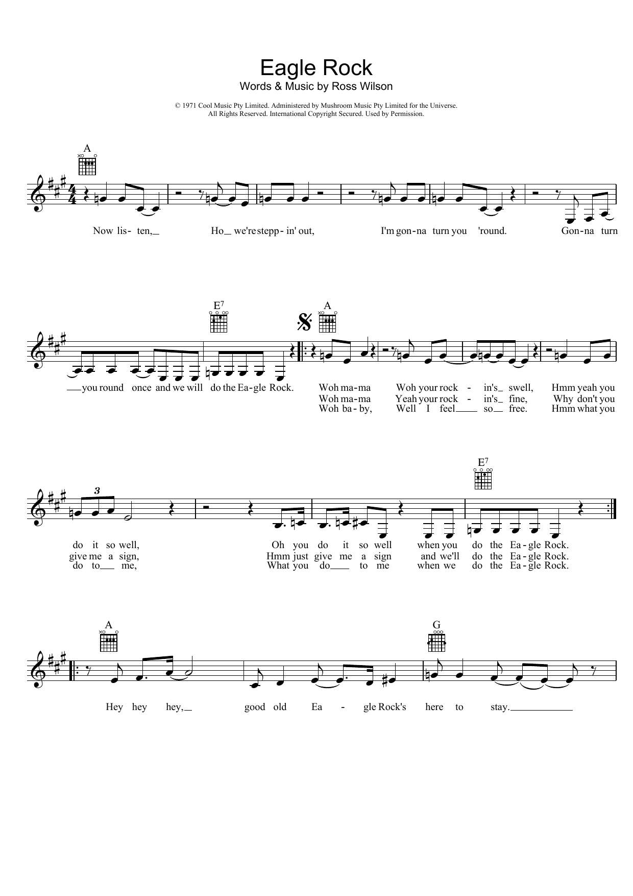 Daddy Cool Eagle Rock sheet music notes and chords arranged for Piano, Vocal & Guitar Chords (Right-Hand Melody)