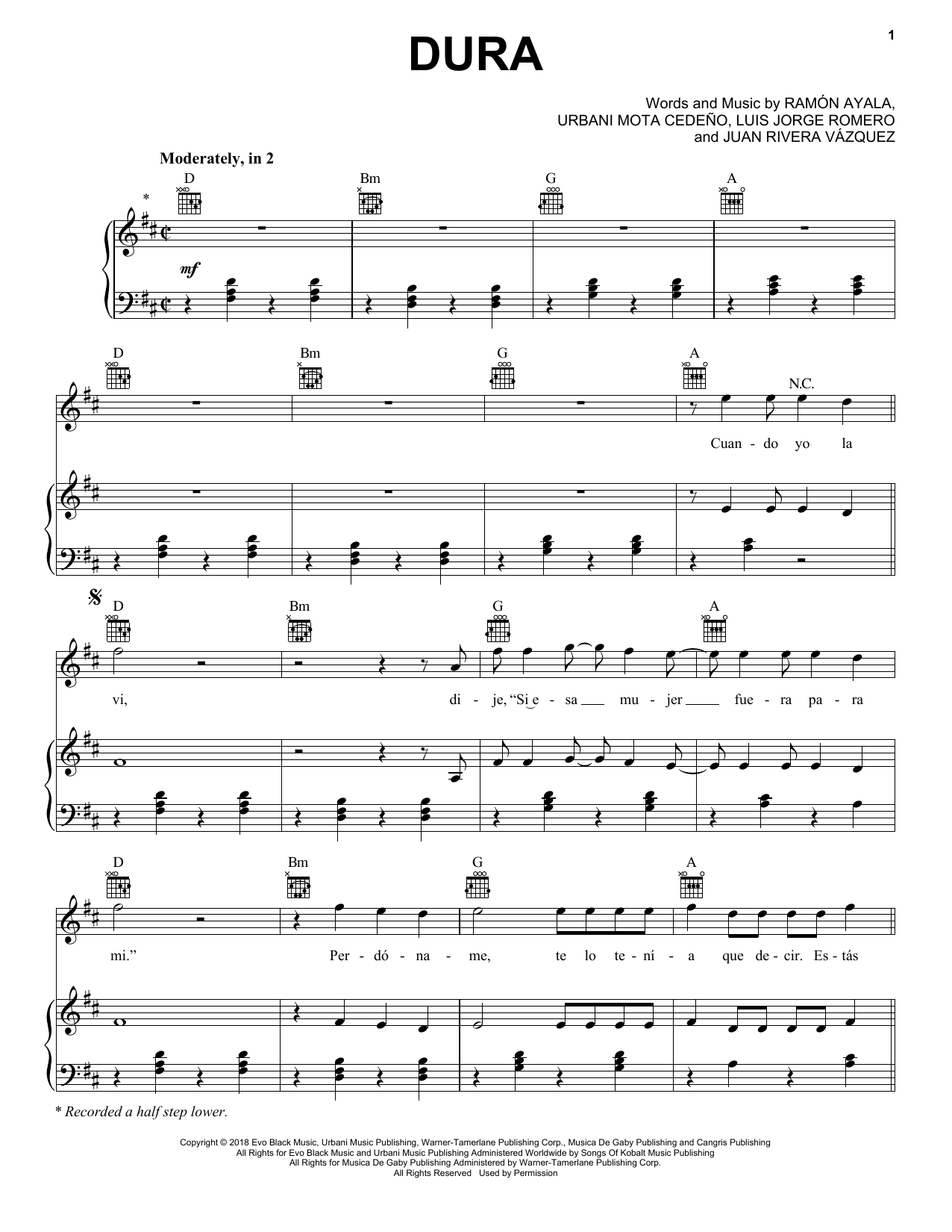 Daddy Yankee Dura sheet music notes and chords arranged for Piano, Vocal & Guitar Chords (Right-Hand Melody)