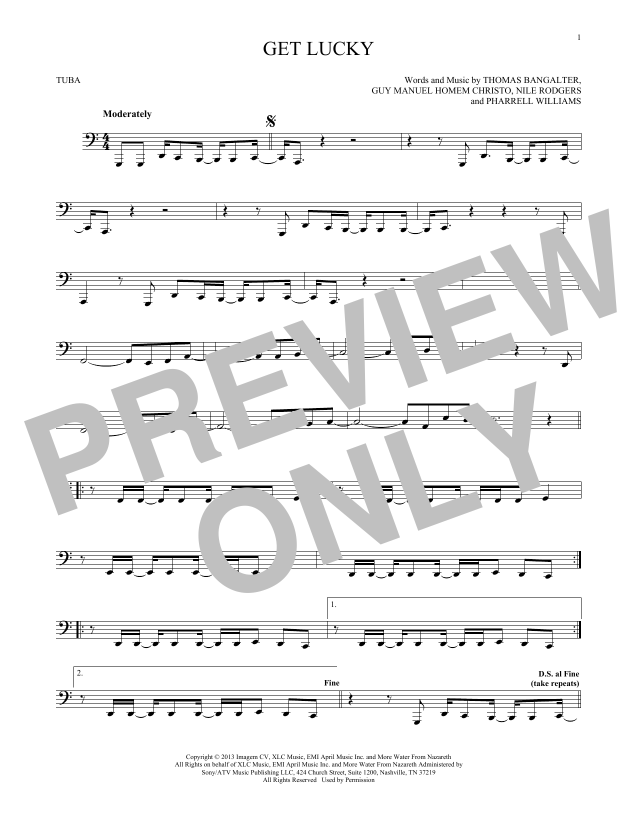 Daft Punk feat. Pharrell Williams Get Lucky sheet music notes and chords arranged for Tuba Solo