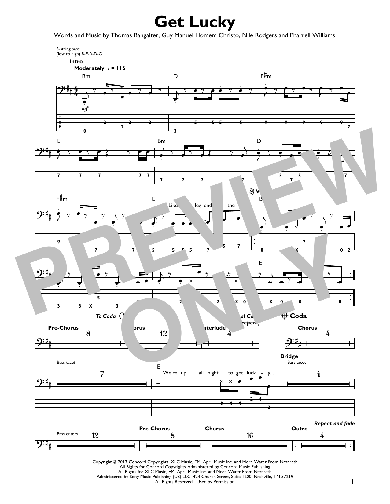 Daft Punk Get Lucky (feat. Pharrell Williams and Nile Rodgers) sheet music notes and chords arranged for Easy Bass Tab