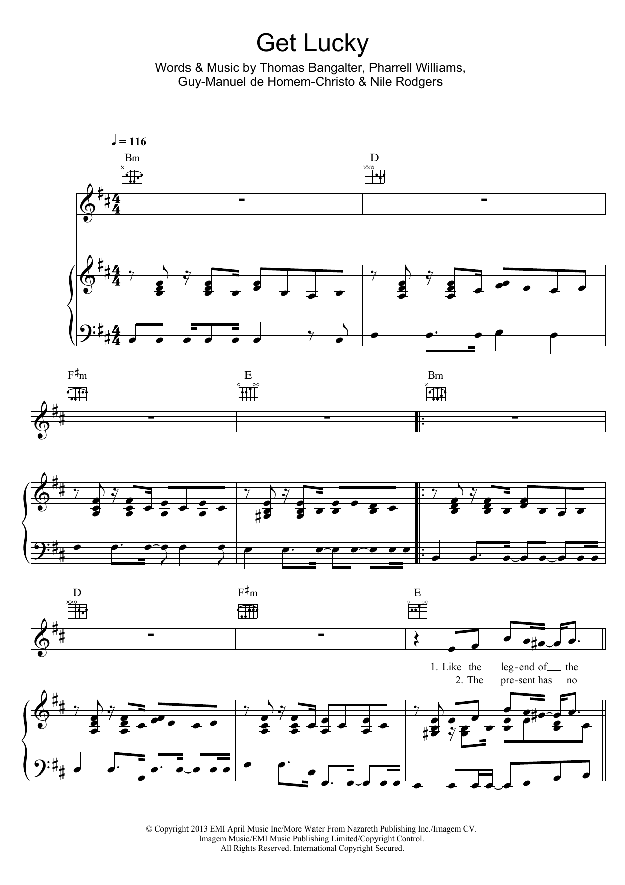 Daft Punk Get Lucky (featuring Pharrell Williams) sheet music notes and chords arranged for Piano, Vocal & Guitar Chords