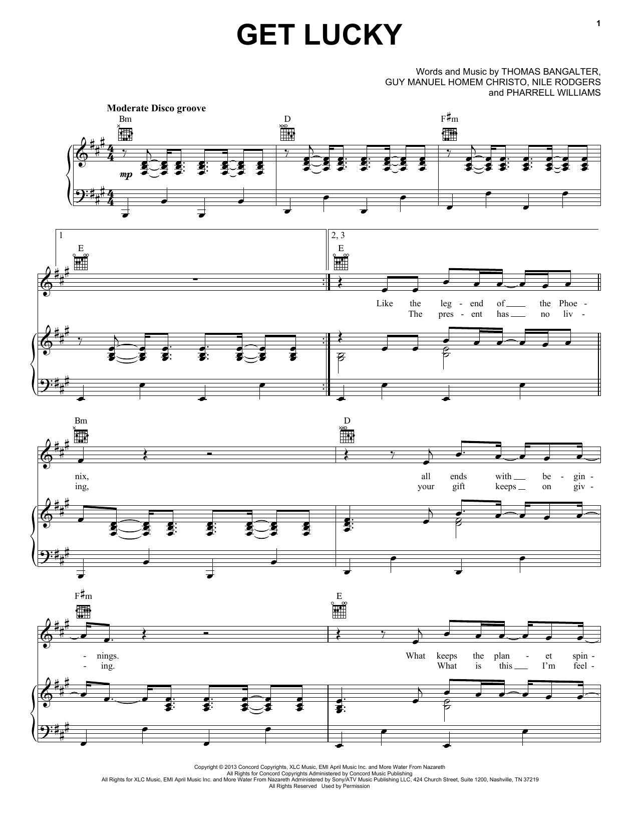 Daft Punk Get Lucky sheet music notes and chords arranged for Piano, Vocal & Guitar Chords (Right-Hand Melody)