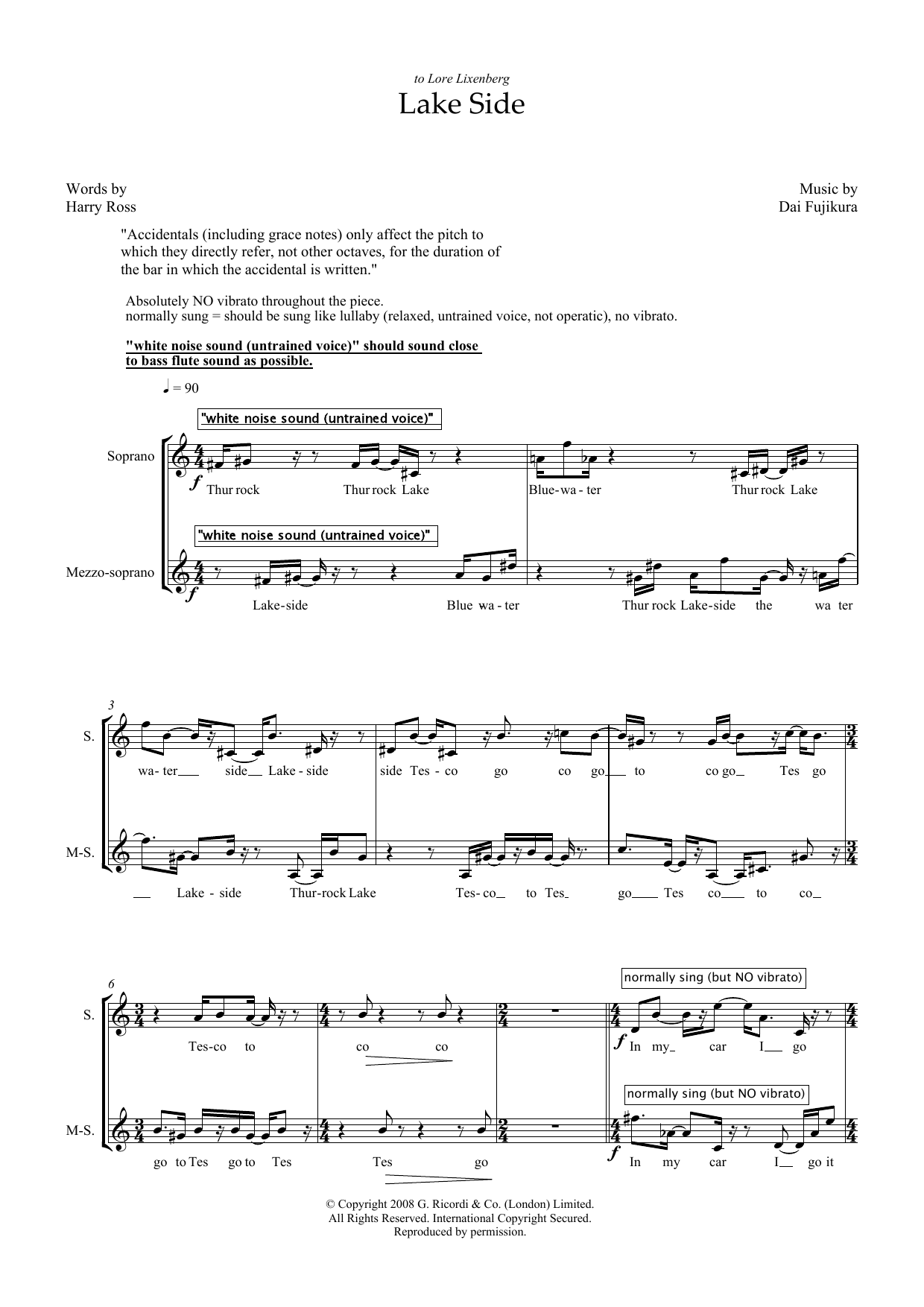 Dai Fujikura Lake Side (for mezzo-soprano) sheet music notes and chords arranged for Piano & Vocal