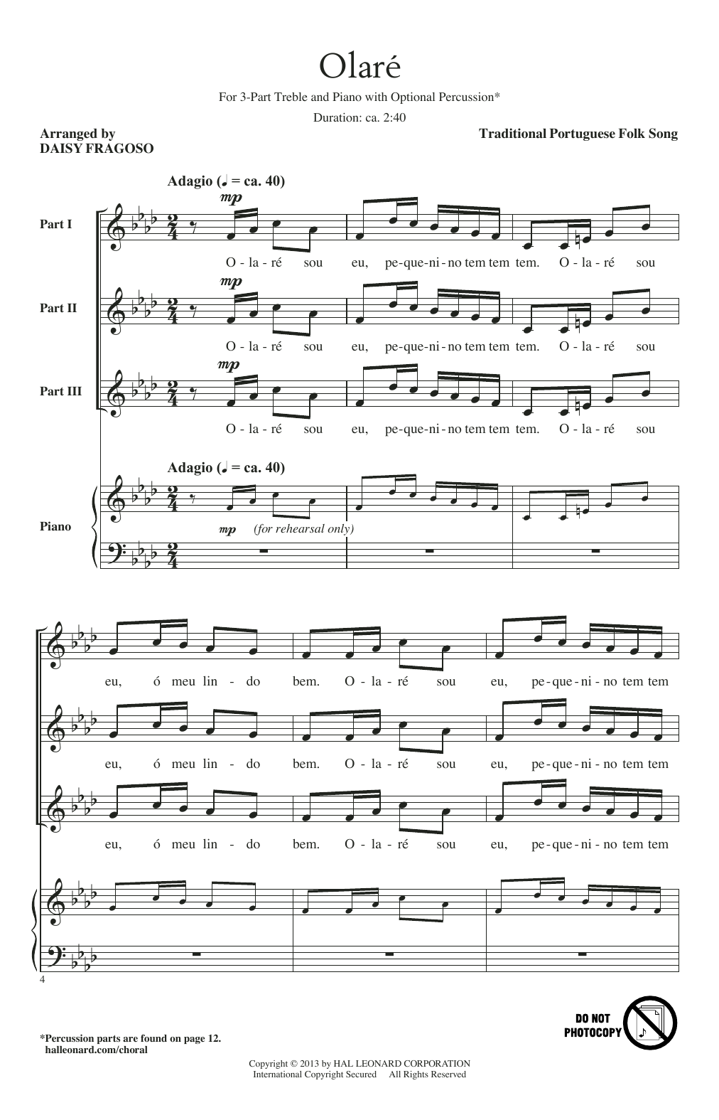 Daisy Fragoso Olare sheet music notes and chords arranged for 3-Part Treble Choir