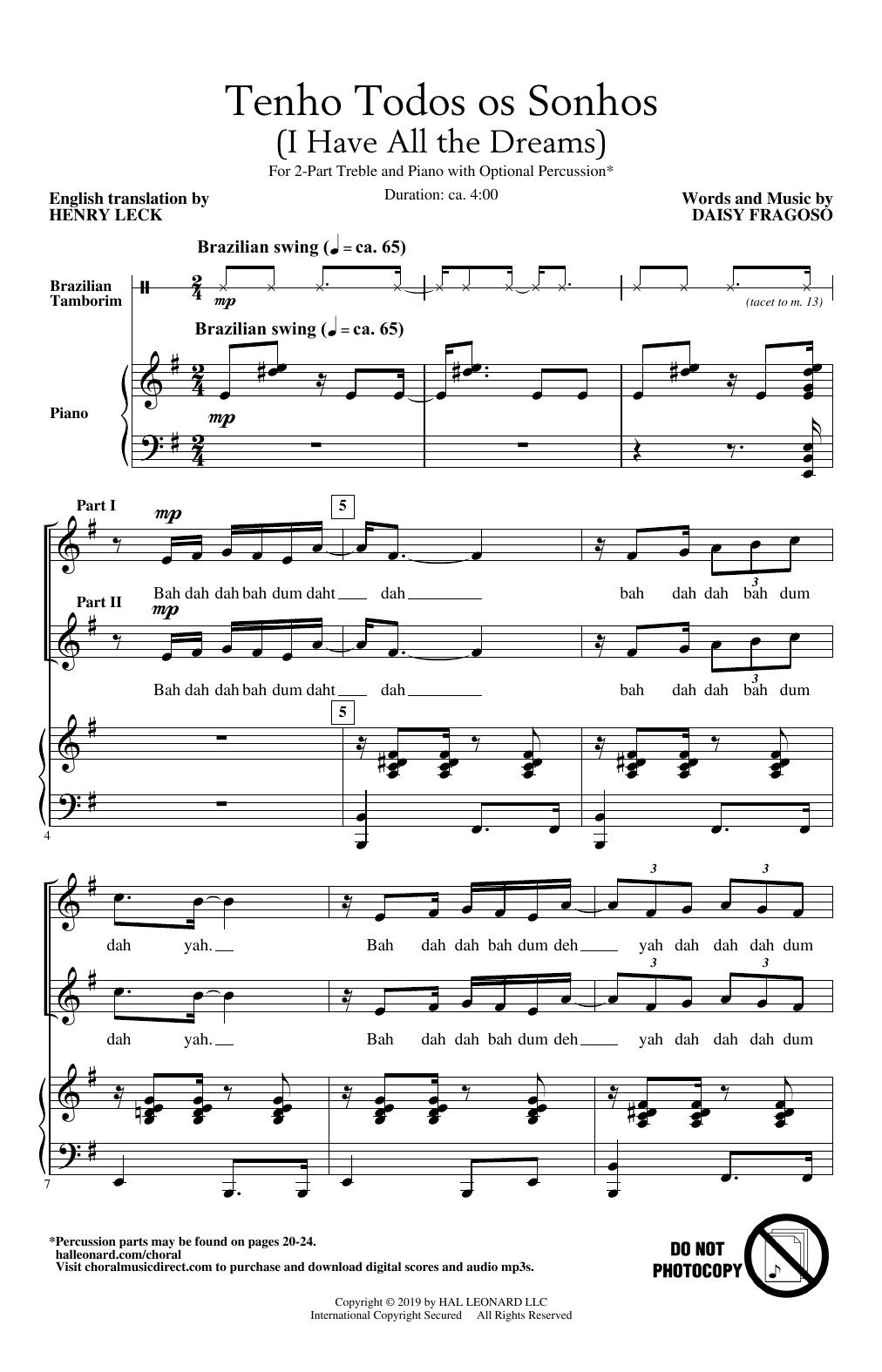 Daisy Fragoso Tenho Todos Os Sonhos (I Have All the Dreams) sheet music notes and chords arranged for 2-Part Choir