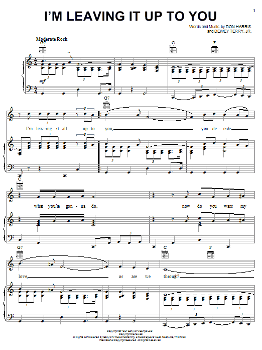 Dale & Grace I'm Leaving It Up To You sheet music notes and chords arranged for Piano, Vocal & Guitar Chords (Right-Hand Melody)