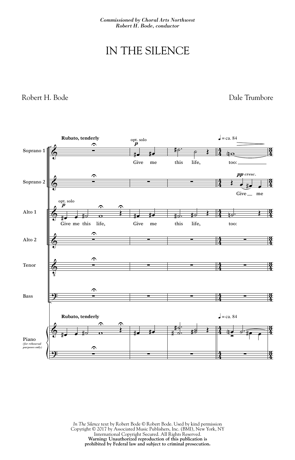 Dale Trumbore In The Silence sheet music notes and chords arranged for SATB Choir