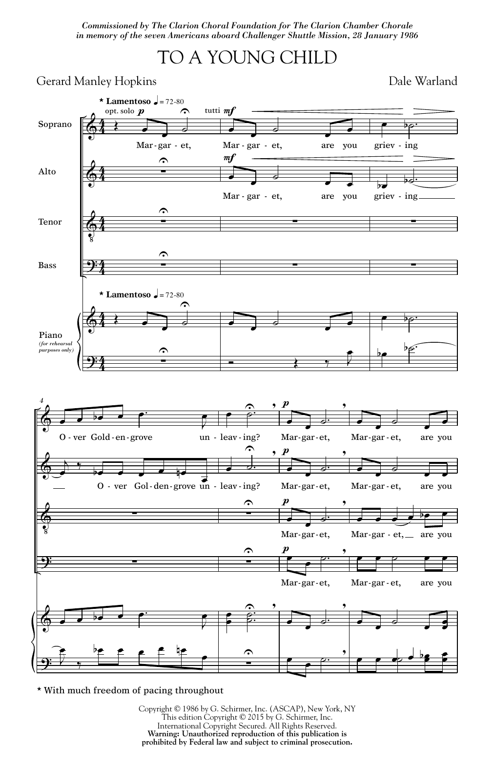 Dale Warland To A Young Child sheet music notes and chords arranged for SATB Choir