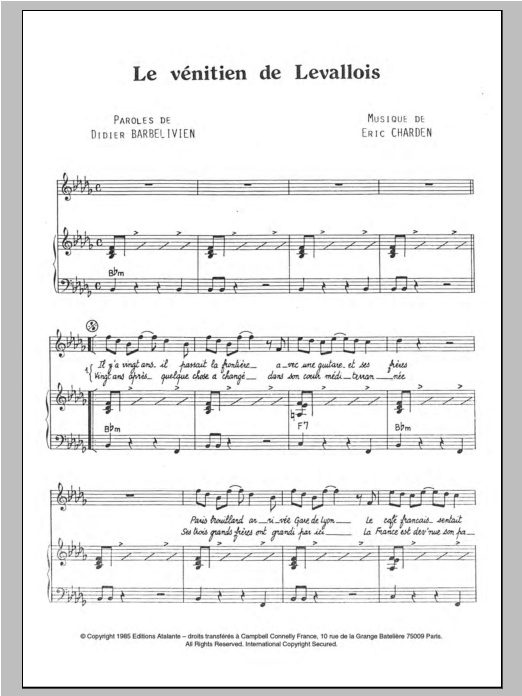Dalida Le Venitien De Levallois sheet music notes and chords arranged for Piano & Vocal