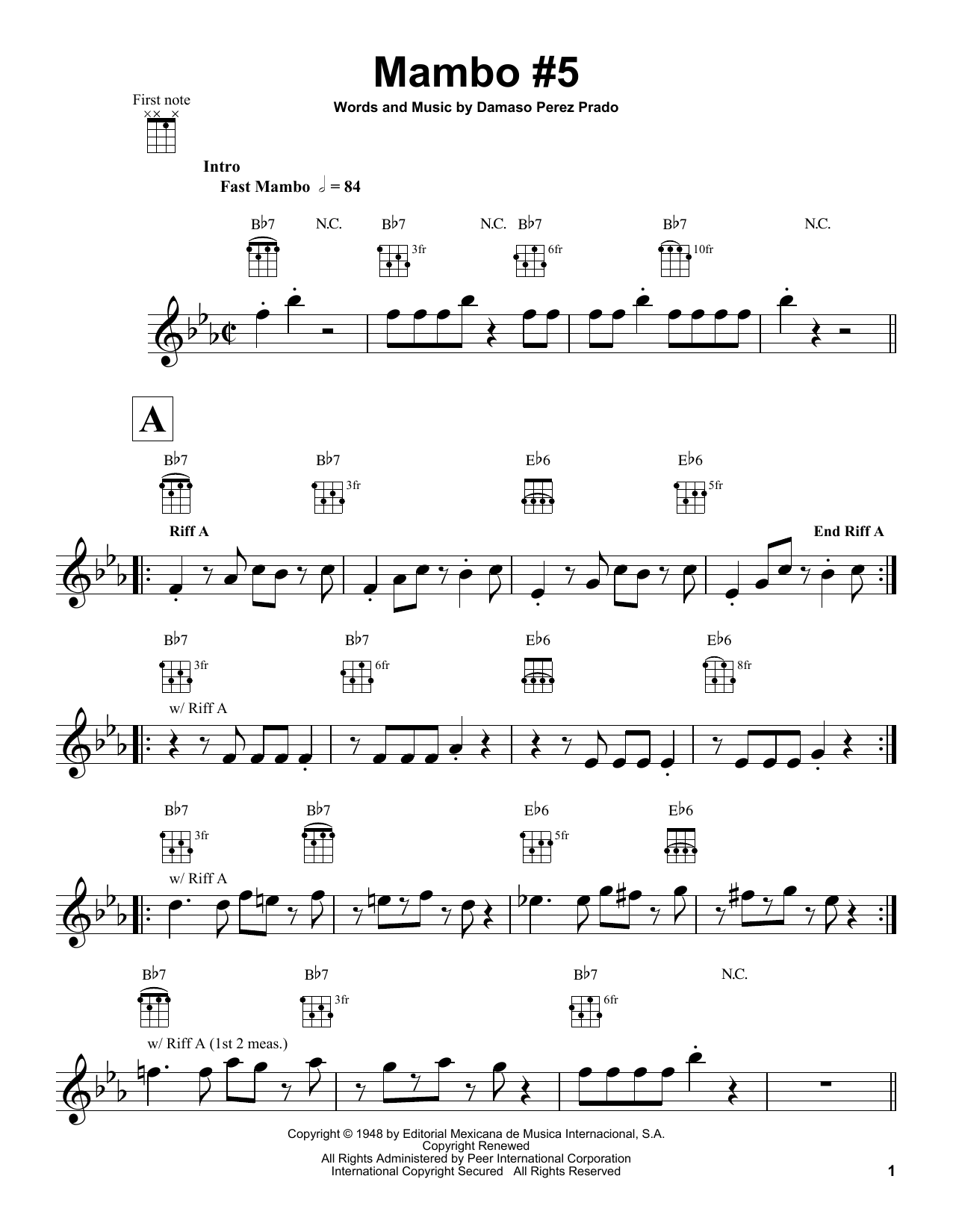 Damaso Perez Prado Mambo #5 sheet music notes and chords arranged for Ukulele