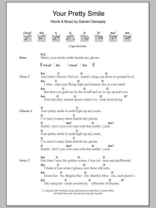 Damien Dempsey Your Pretty Smile sheet music notes and chords arranged for Guitar Chords/Lyrics