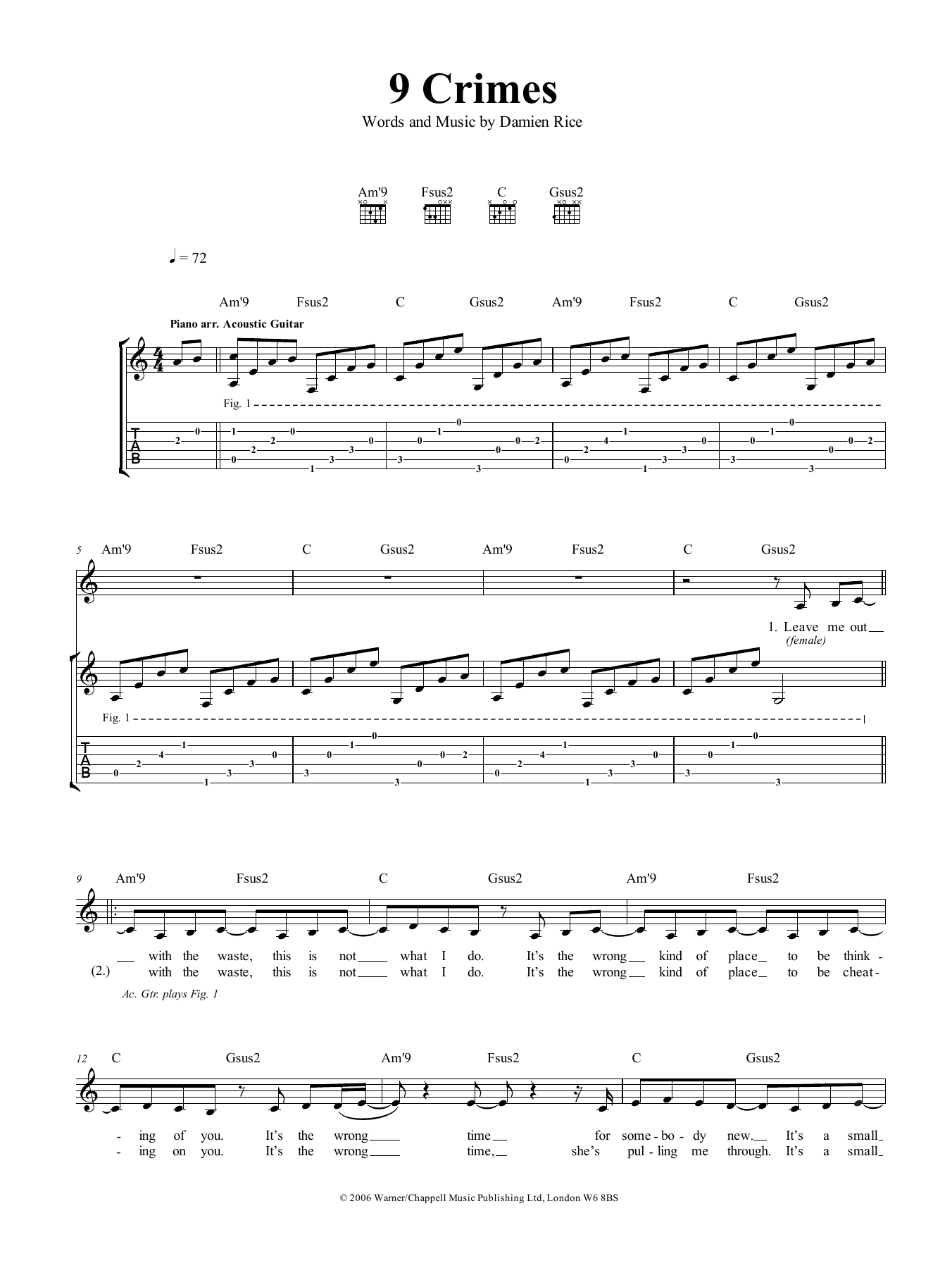Damien Rice 9 Crimes sheet music notes and chords arranged for Guitar Tab