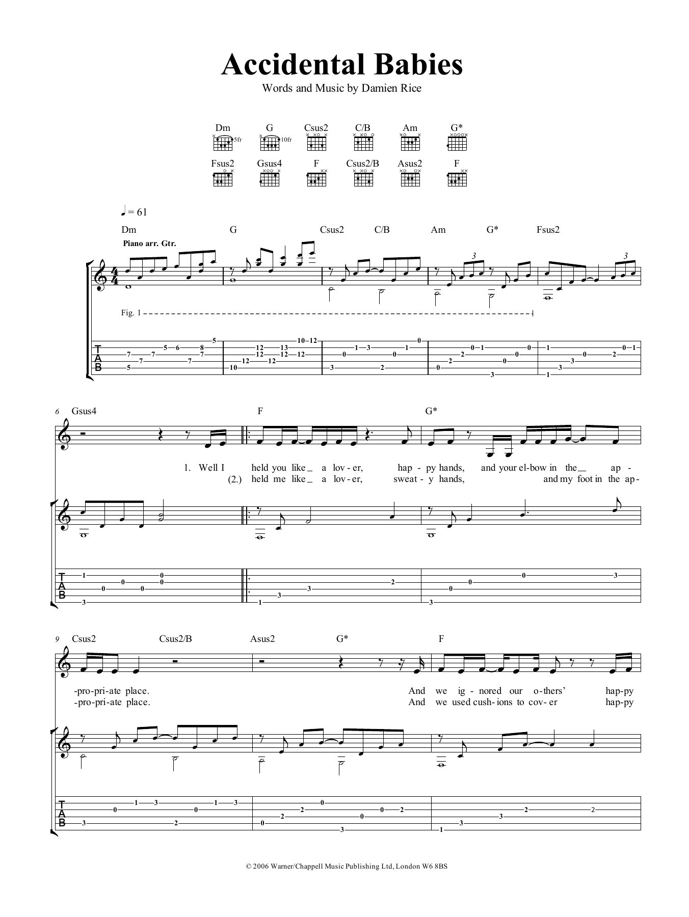 Damien Rice Accidental Babies sheet music notes and chords arranged for Guitar Tab