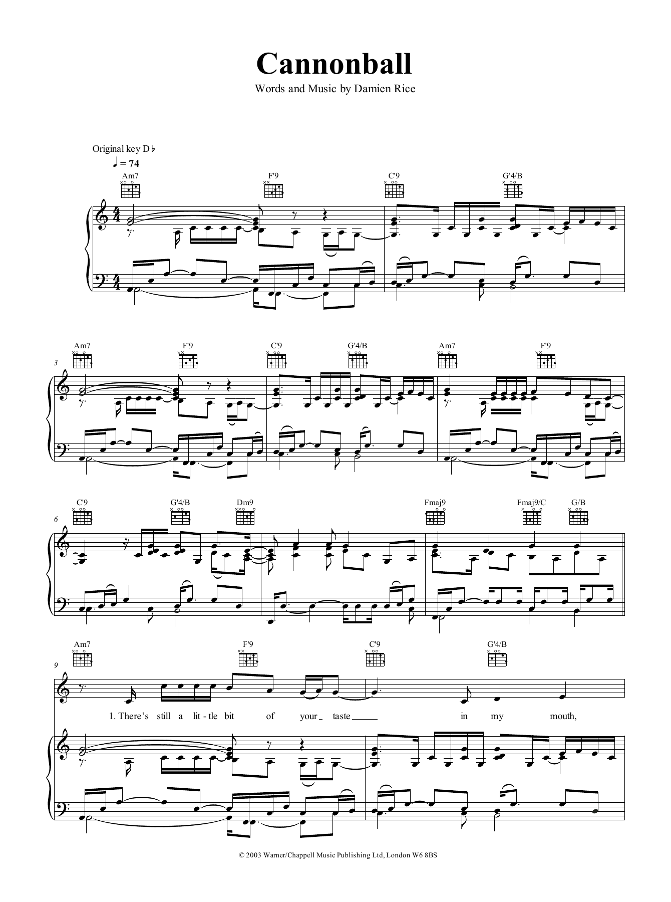 Damien Rice Cannonball sheet music notes and chords arranged for Guitar Chords/Lyrics