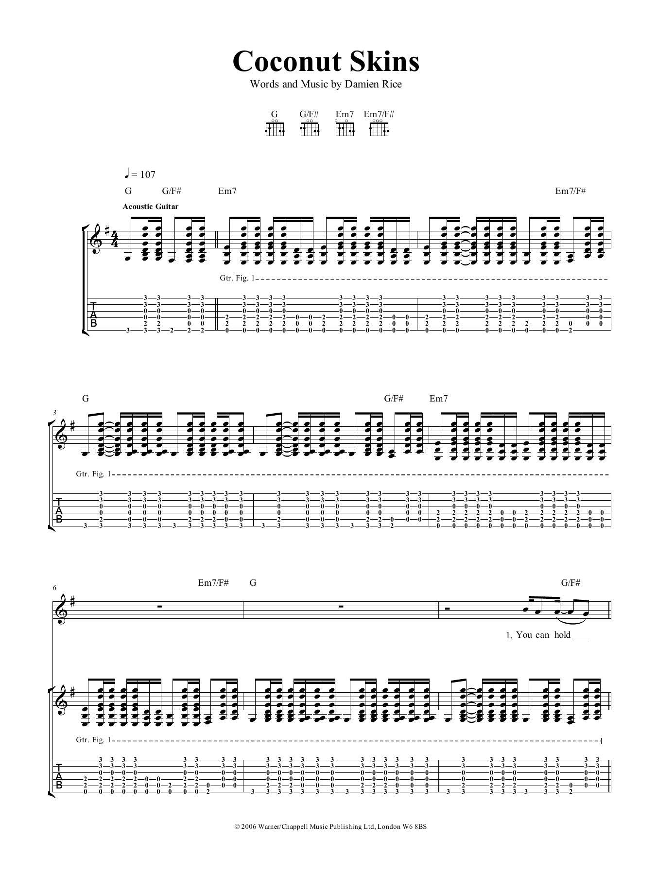 Damien Rice Coconut Skins sheet music notes and chords arranged for Guitar Tab