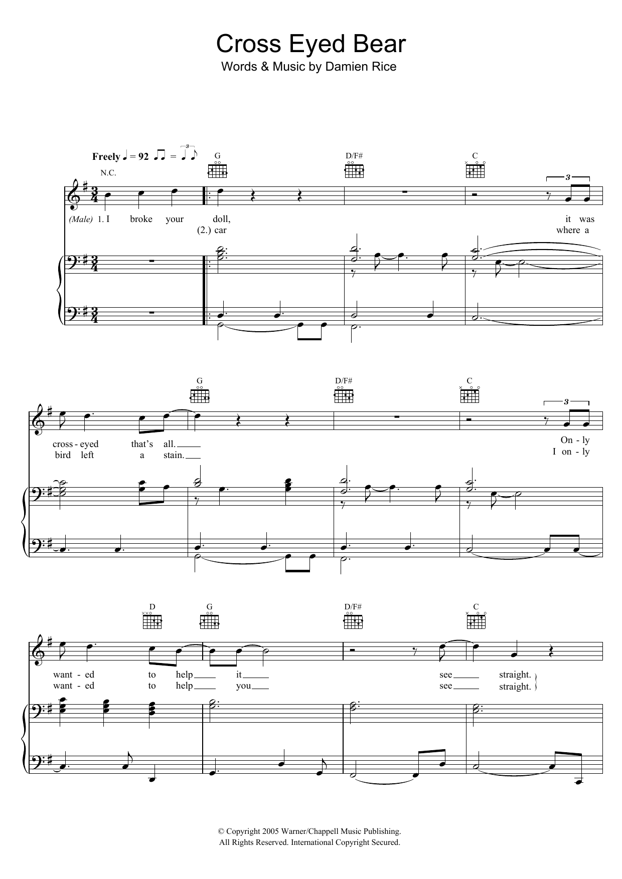 Damien Rice Cross-Eyed Bear sheet music notes and chords arranged for Piano, Vocal & Guitar Chords (Right-Hand Melody)