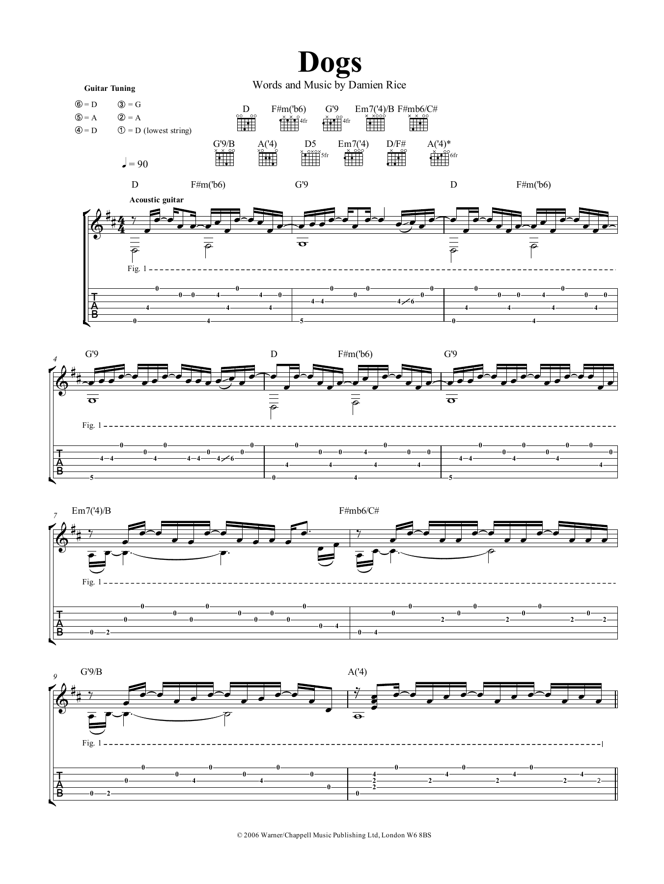 Damien Rice Dogs sheet music notes and chords arranged for Guitar Tab