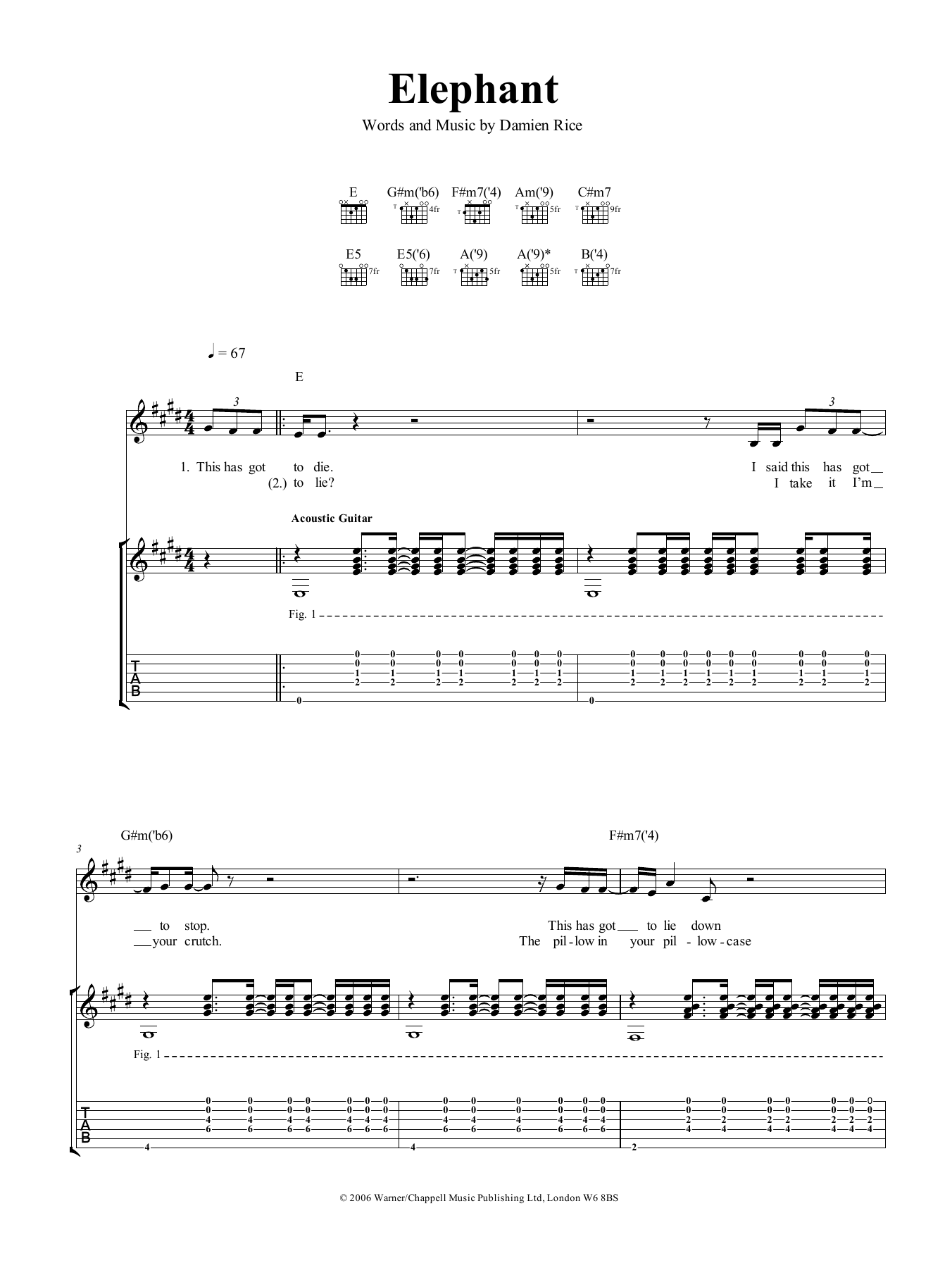 Damien Rice Elephant sheet music notes and chords arranged for Guitar Tab