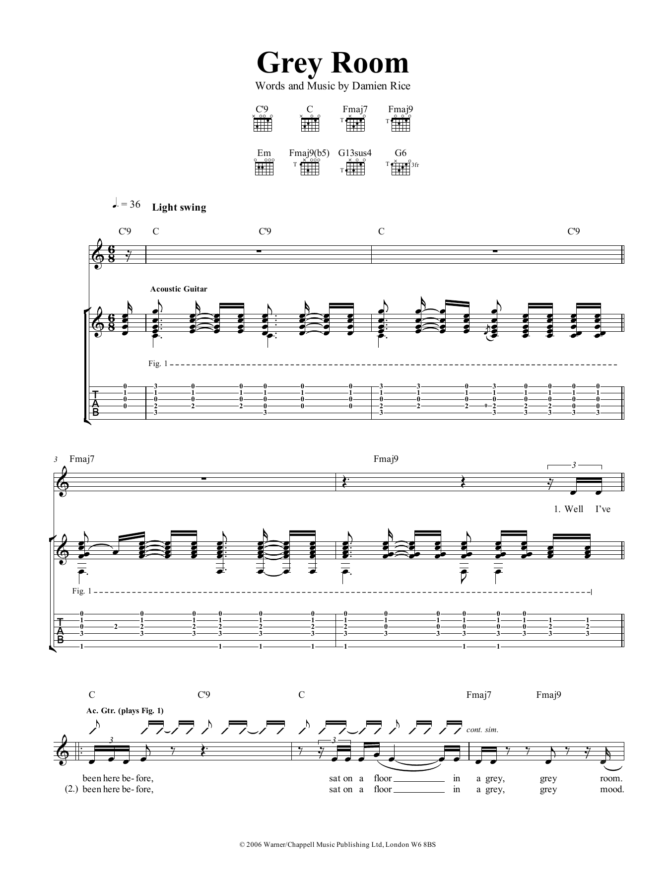 Damien Rice Grey Room sheet music notes and chords arranged for Guitar Tab