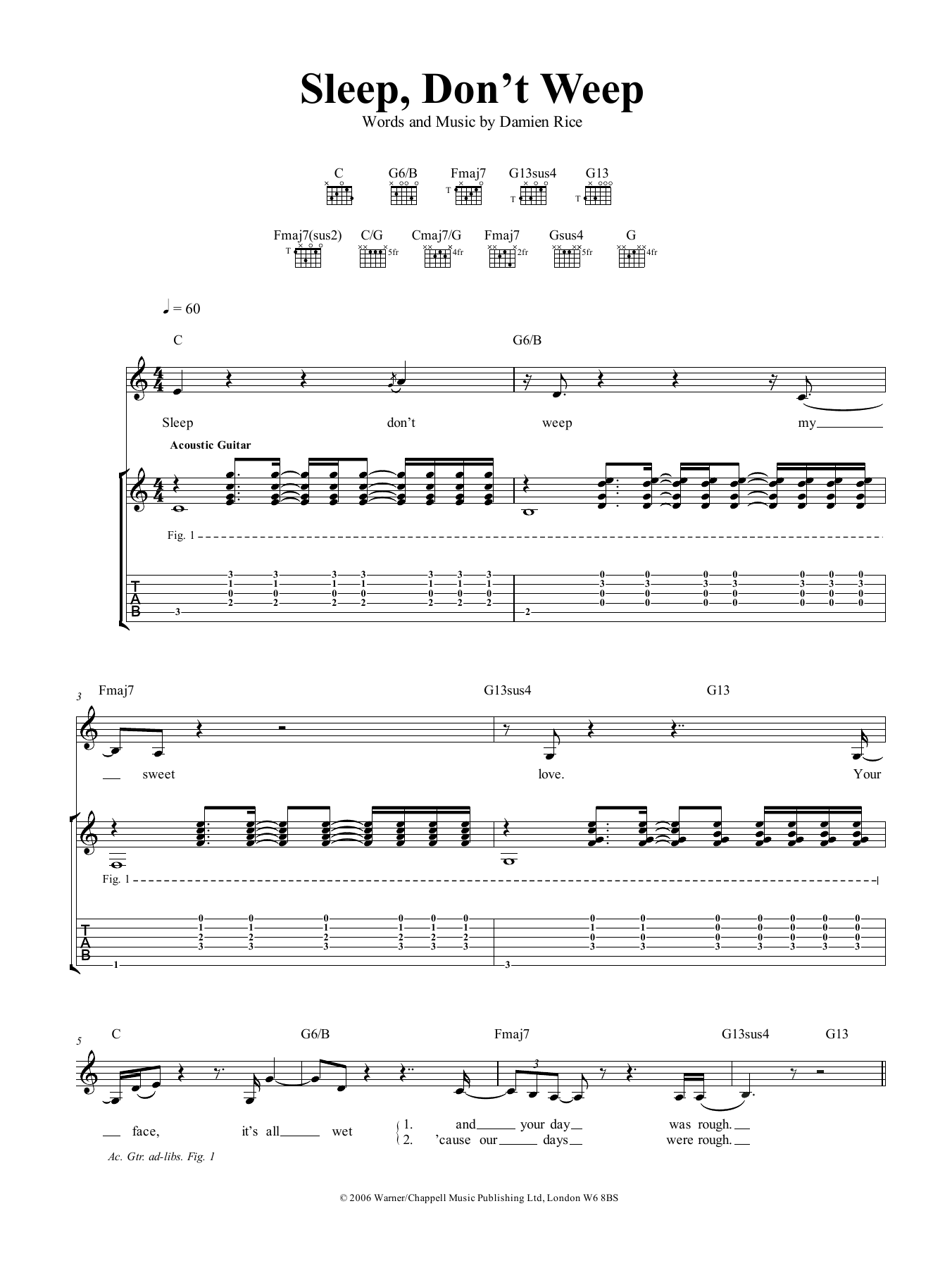 Damien Rice Sleep, Don't Weep sheet music notes and chords arranged for Guitar Tab