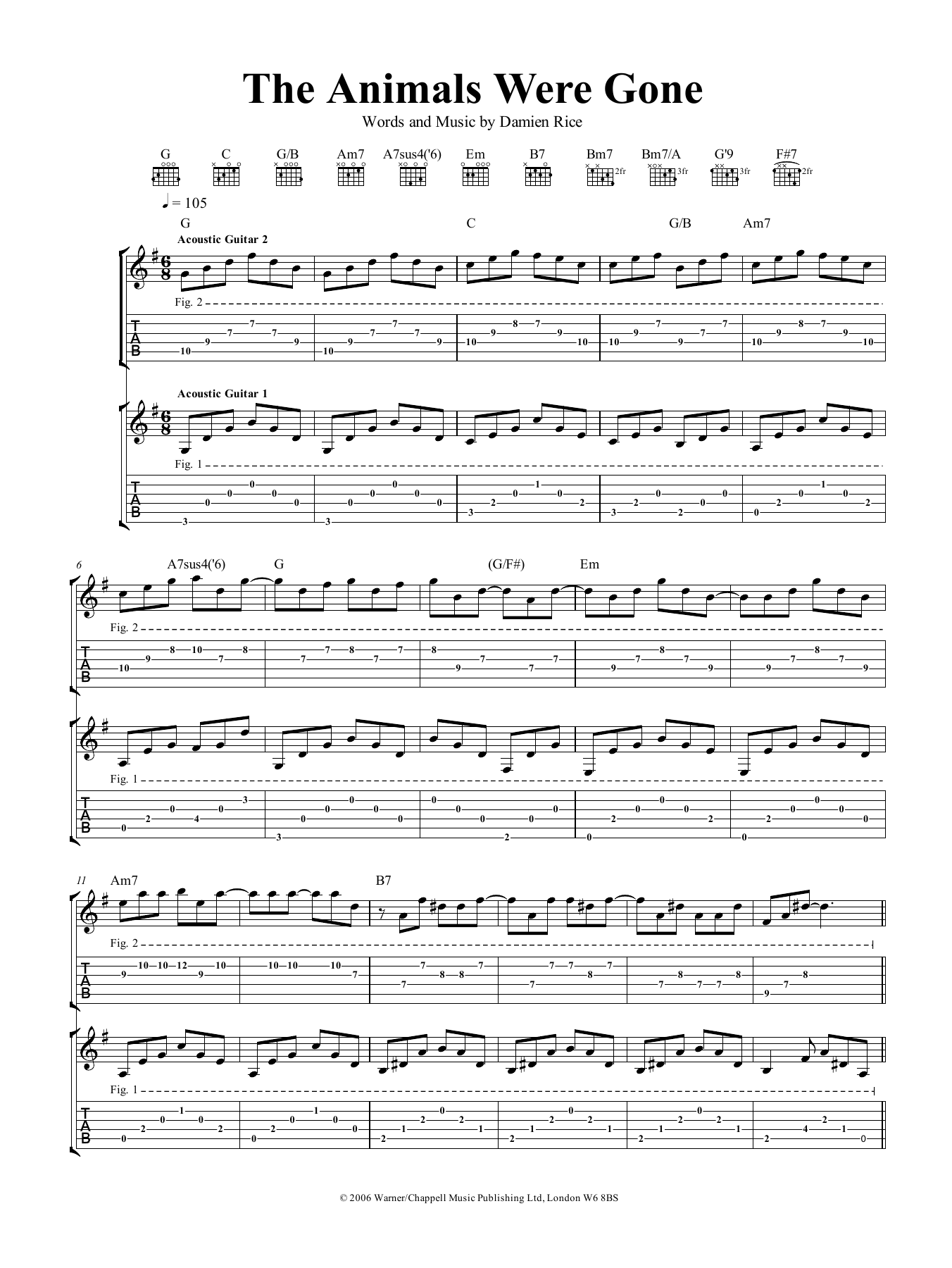 Damien Rice The Animals Were Gone sheet music notes and chords arranged for Guitar Tab