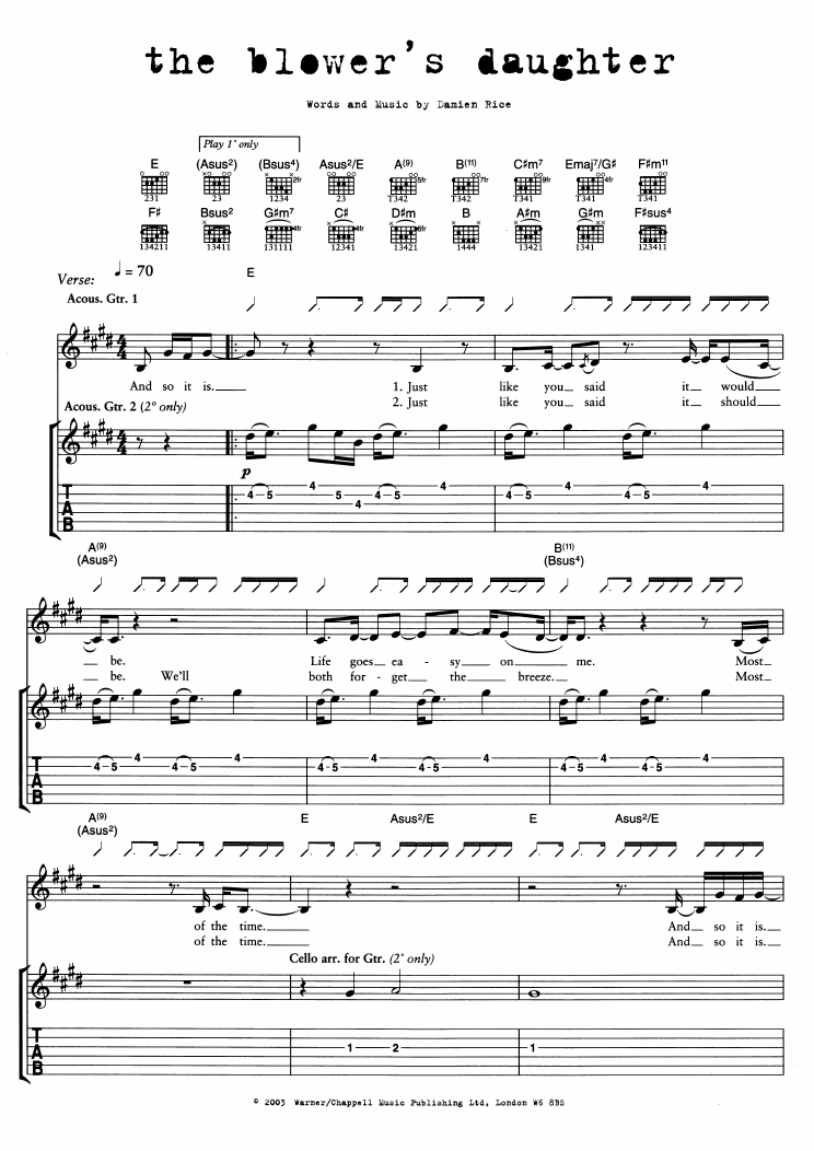 Damien Rice The Blower's Daughter sheet music notes and chords arranged for Guitar Tab