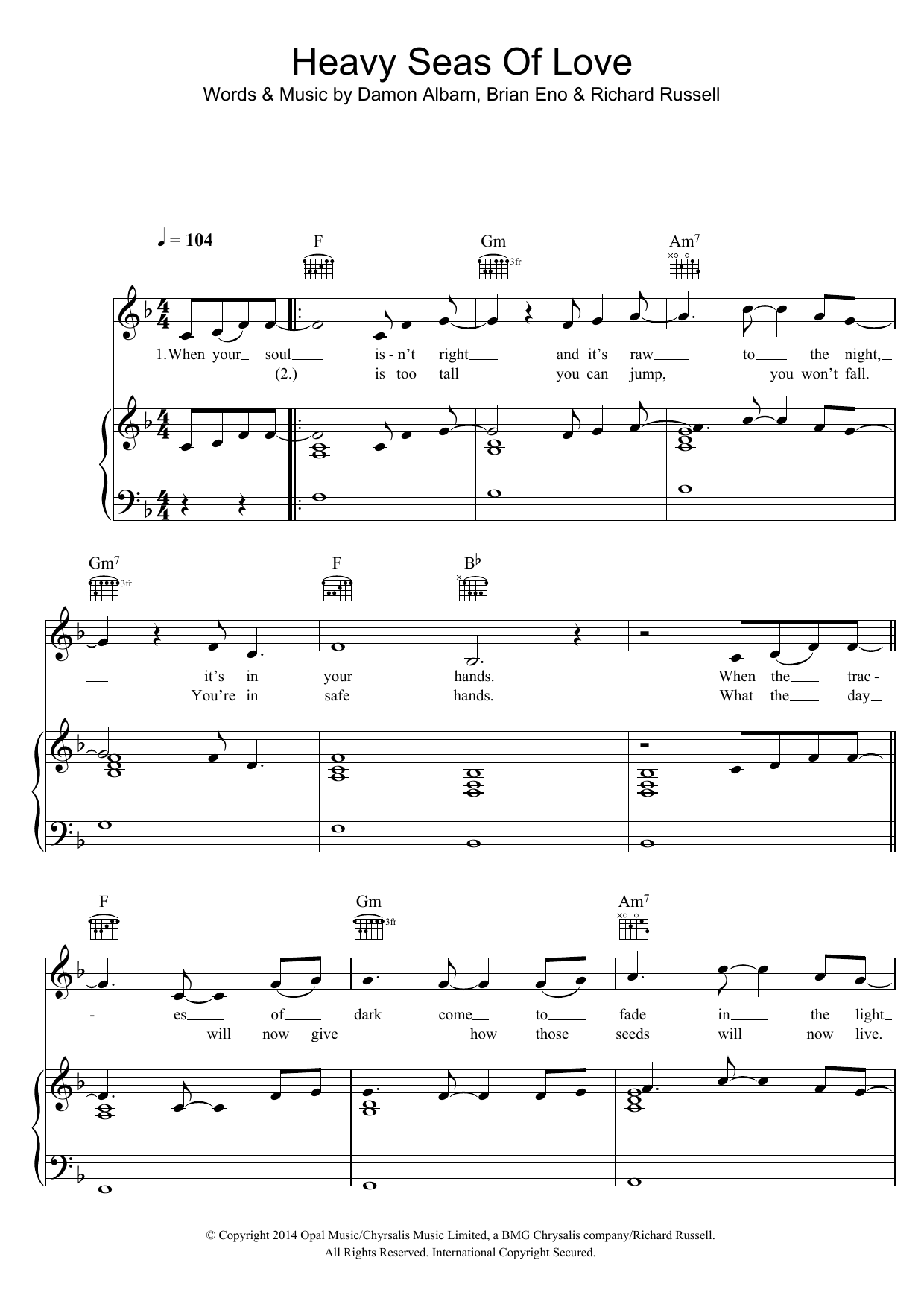 Damon Albarn Heavy Seas Of Love sheet music notes and chords arranged for Piano, Vocal & Guitar Chords
