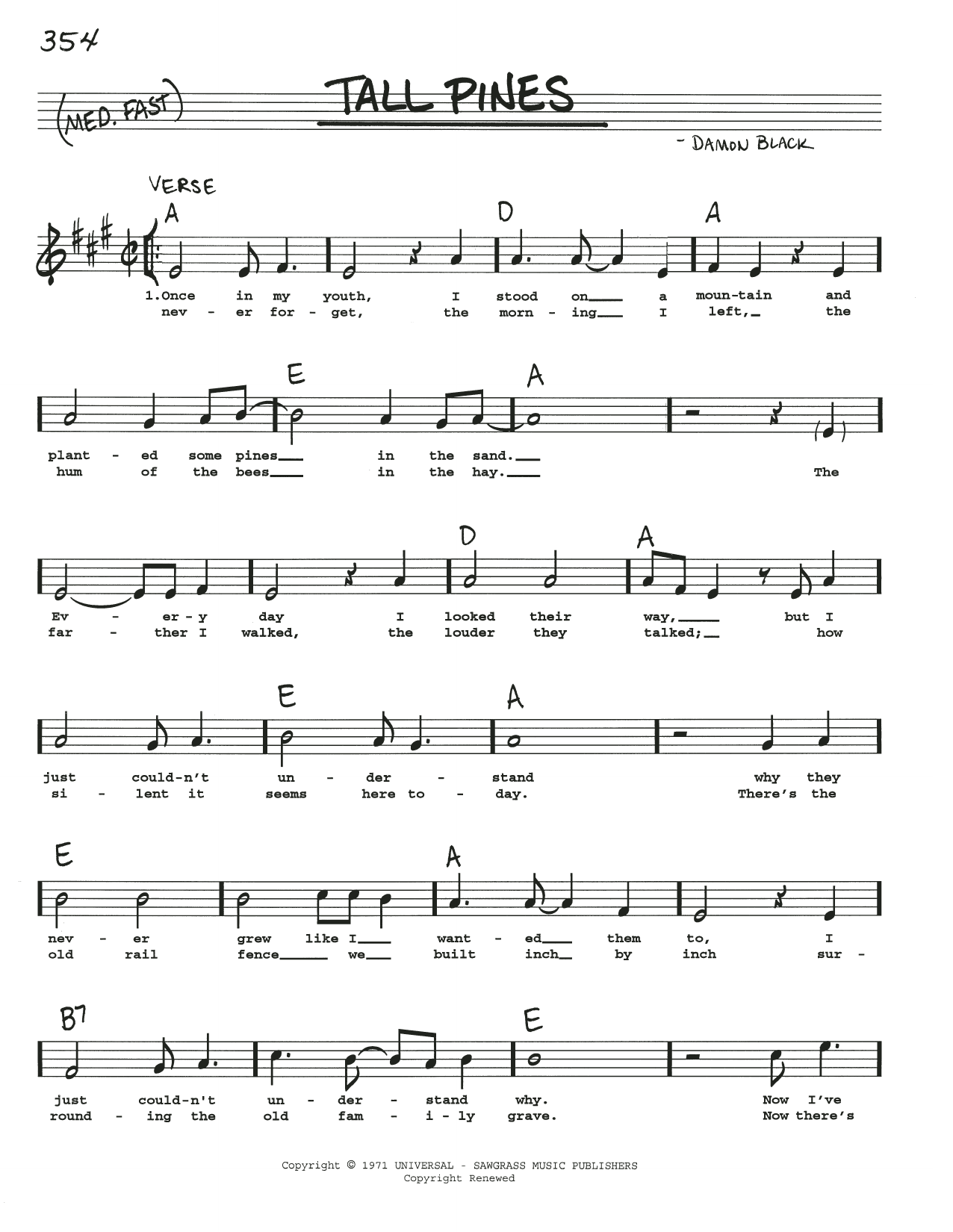 Damon Black Tall Pines sheet music notes and chords arranged for Real Book – Melody, Lyrics & Chords