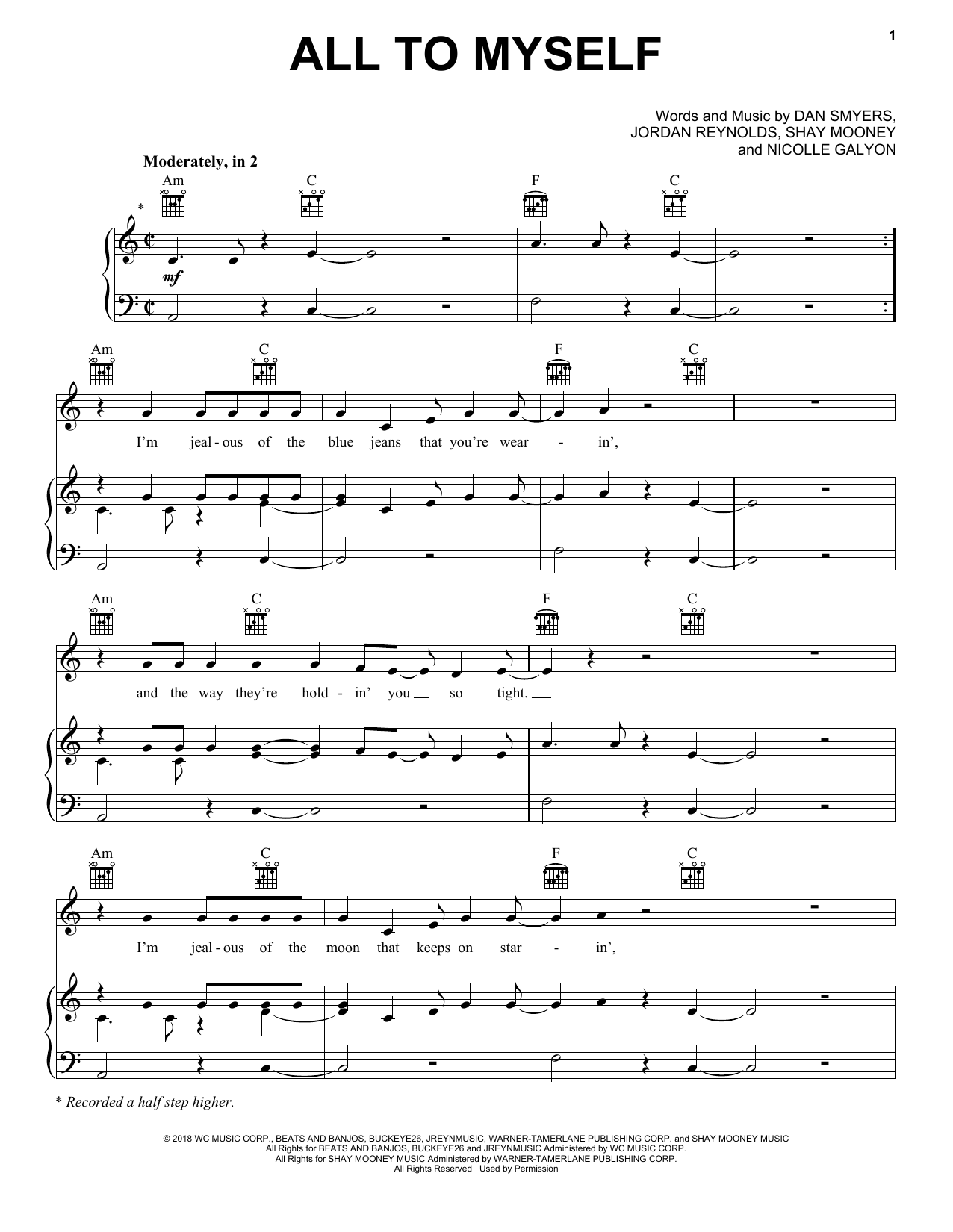 Dan + Shay All To Myself sheet music notes and chords arranged for Piano, Vocal & Guitar Chords (Right-Hand Melody)