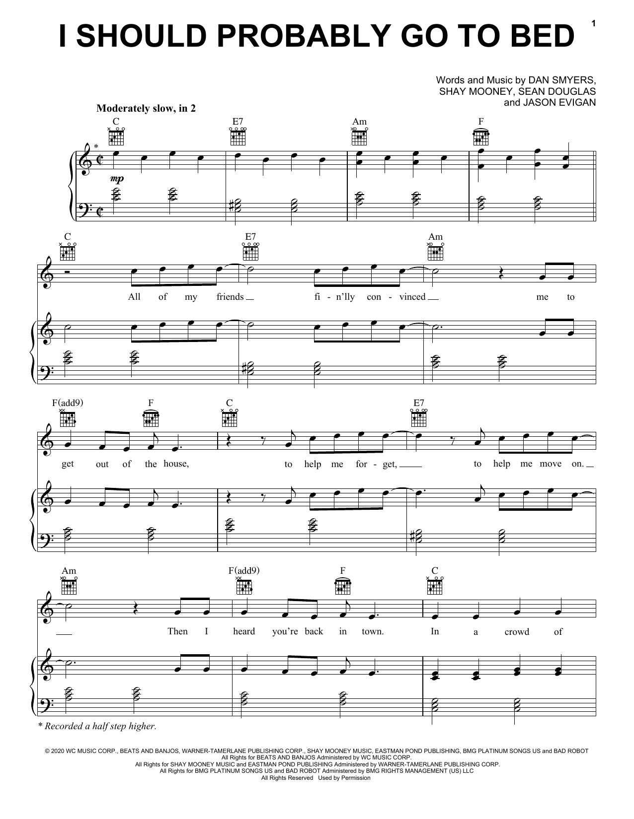 Dan + Shay I Should Probably Go To Bed sheet music notes and chords arranged for Piano, Vocal & Guitar Chords (Right-Hand Melody)