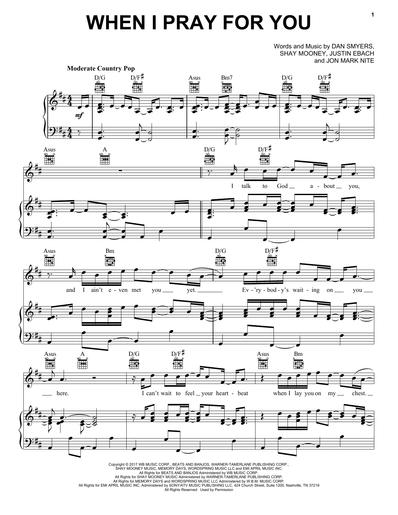 Dan + Shay When I Pray For You sheet music notes and chords arranged for Piano, Vocal & Guitar Chords (Right-Hand Melody)