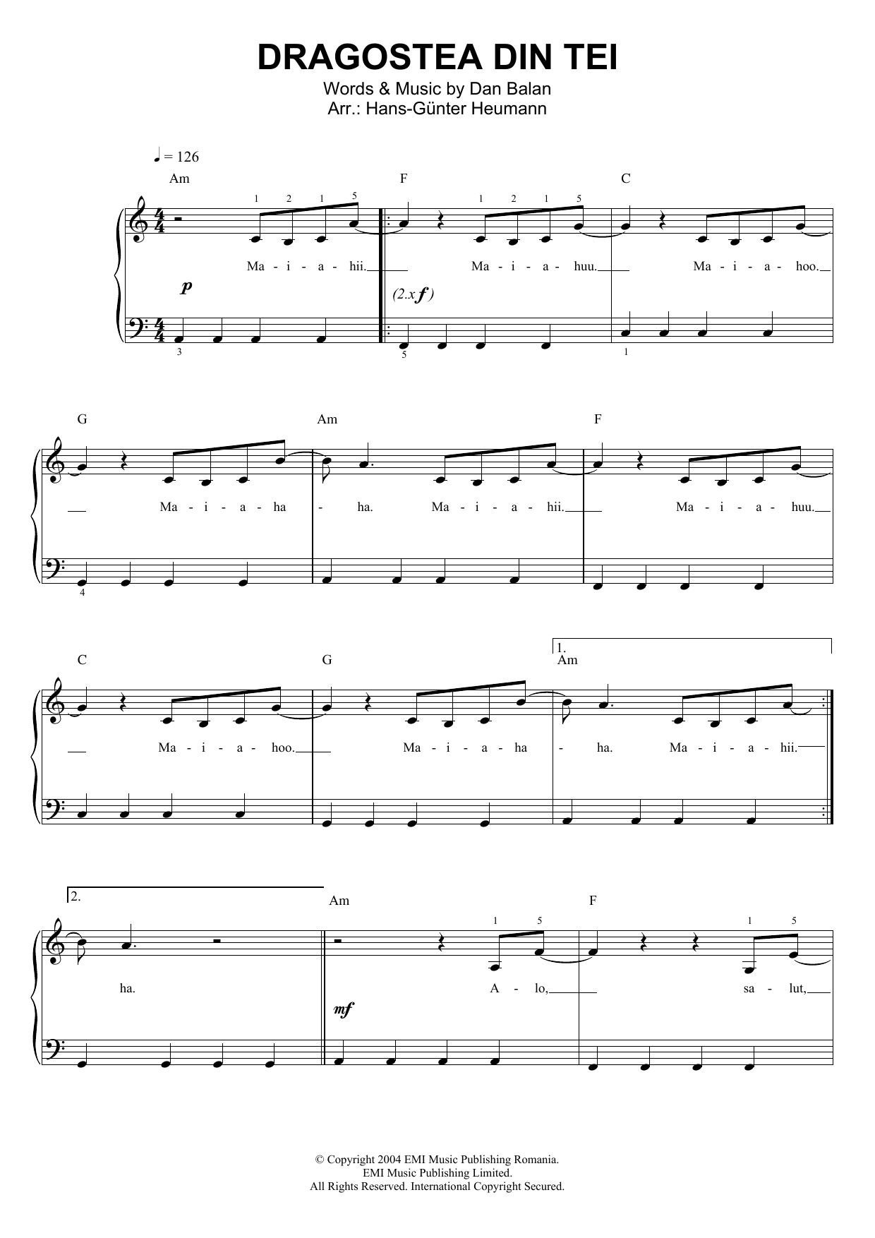 Dan Balan Dragostea Din Tei sheet music notes and chords arranged for Piano & Vocal