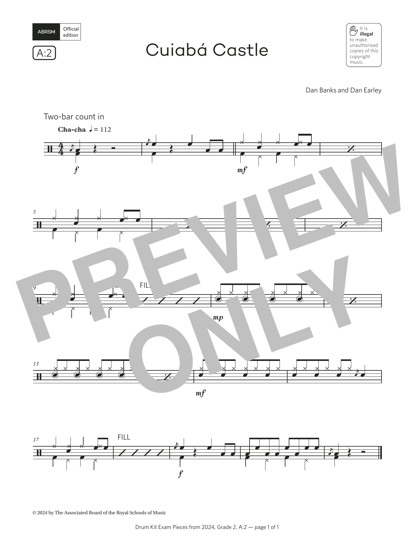 Dan Banks and Dan Earley Cuiabá Castle (Grade 2, list A2, from the ABRSM Drum Kit Syllabus 2024) sheet music notes and chords arranged for Drums