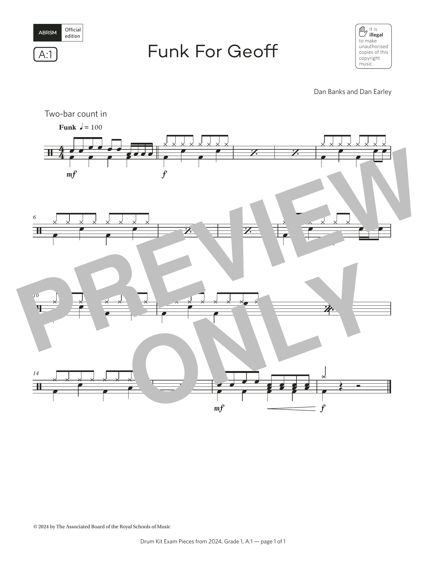 Dan Banks and Dan Earley Funk for Geoff (Grade 1, list A1, from the ABRSM Drum Kit Syllabus 2024) sheet music notes and chords arranged for Drums