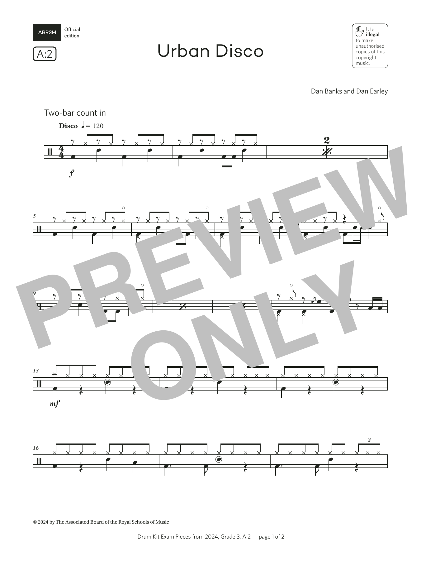 Dan Banks and Dan Earley Urban Disco (Grade 3, list A2, from the ABRSM Drum Kit Syllabus 2024) sheet music notes and chords arranged for Drums
