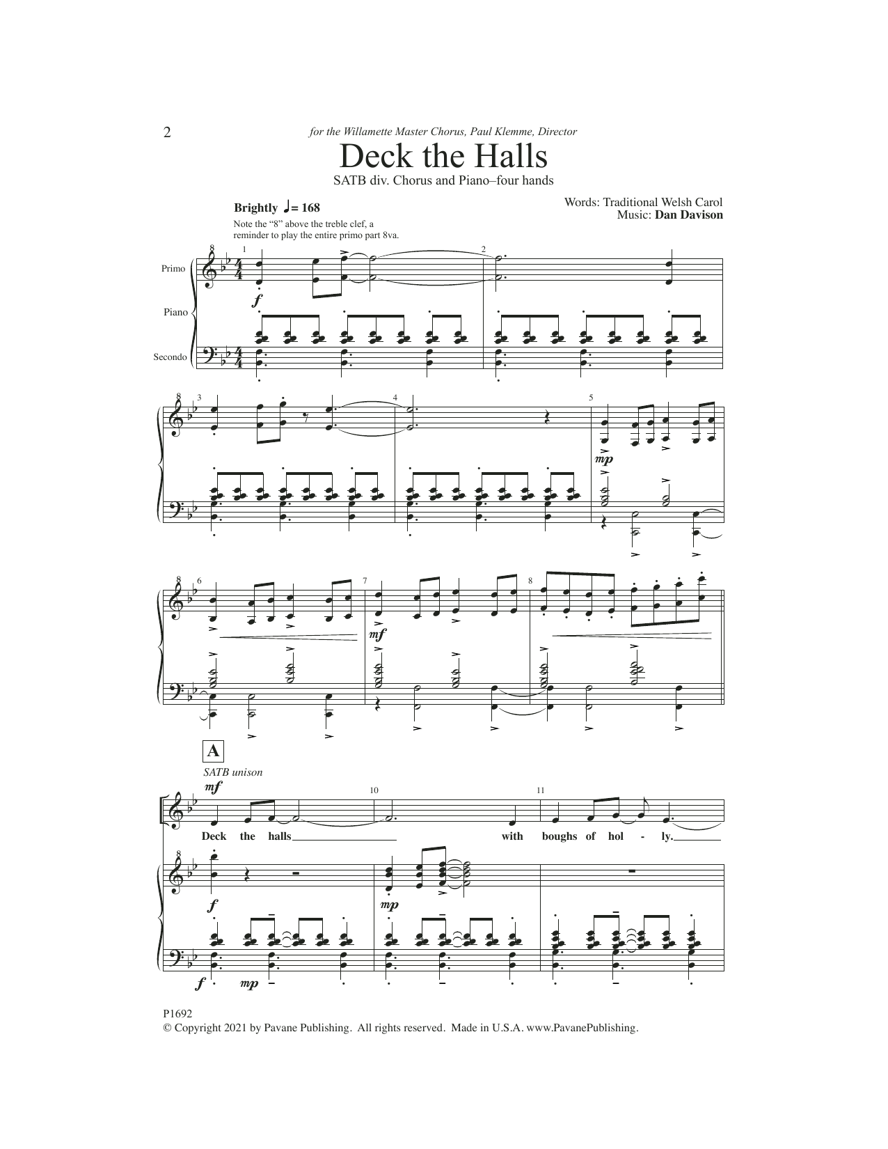 Dan Davison Deck the Halls sheet music notes and chords arranged for SATB Choir