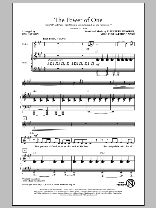 Dan Davison The Power Of One sheet music notes and chords arranged for SAB Choir