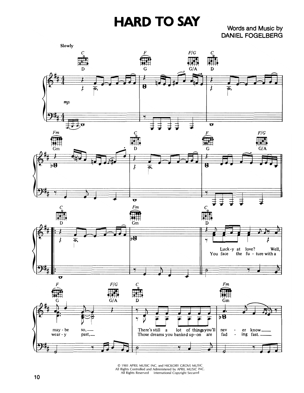 Dan Fogelberg Hard To Say sheet music notes and chords arranged for Piano, Vocal & Guitar Chords (Right-Hand Melody)