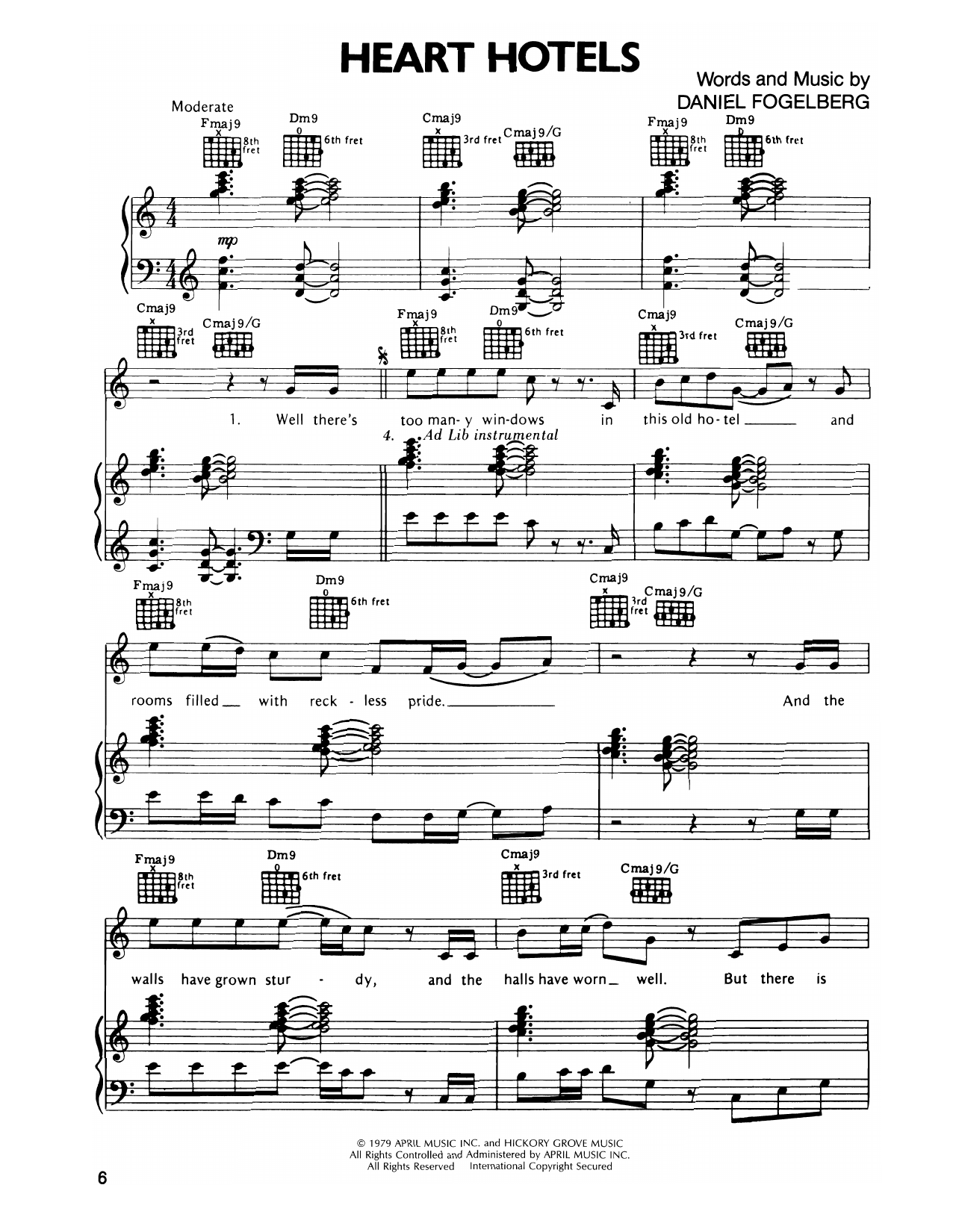 Dan Fogelberg Heart Hotels sheet music notes and chords arranged for Piano, Vocal & Guitar Chords (Right-Hand Melody)