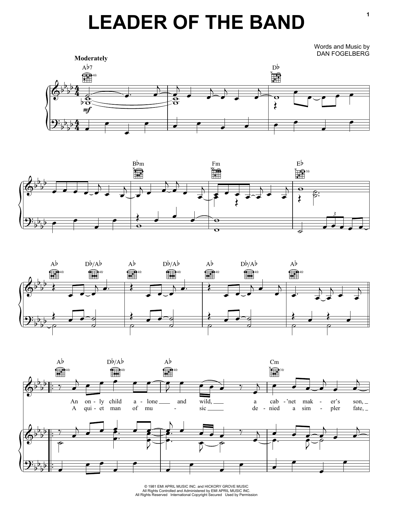 Dan Fogelberg Leader Of The Band sheet music notes and chords arranged for Piano, Vocal & Guitar Chords (Right-Hand Melody)