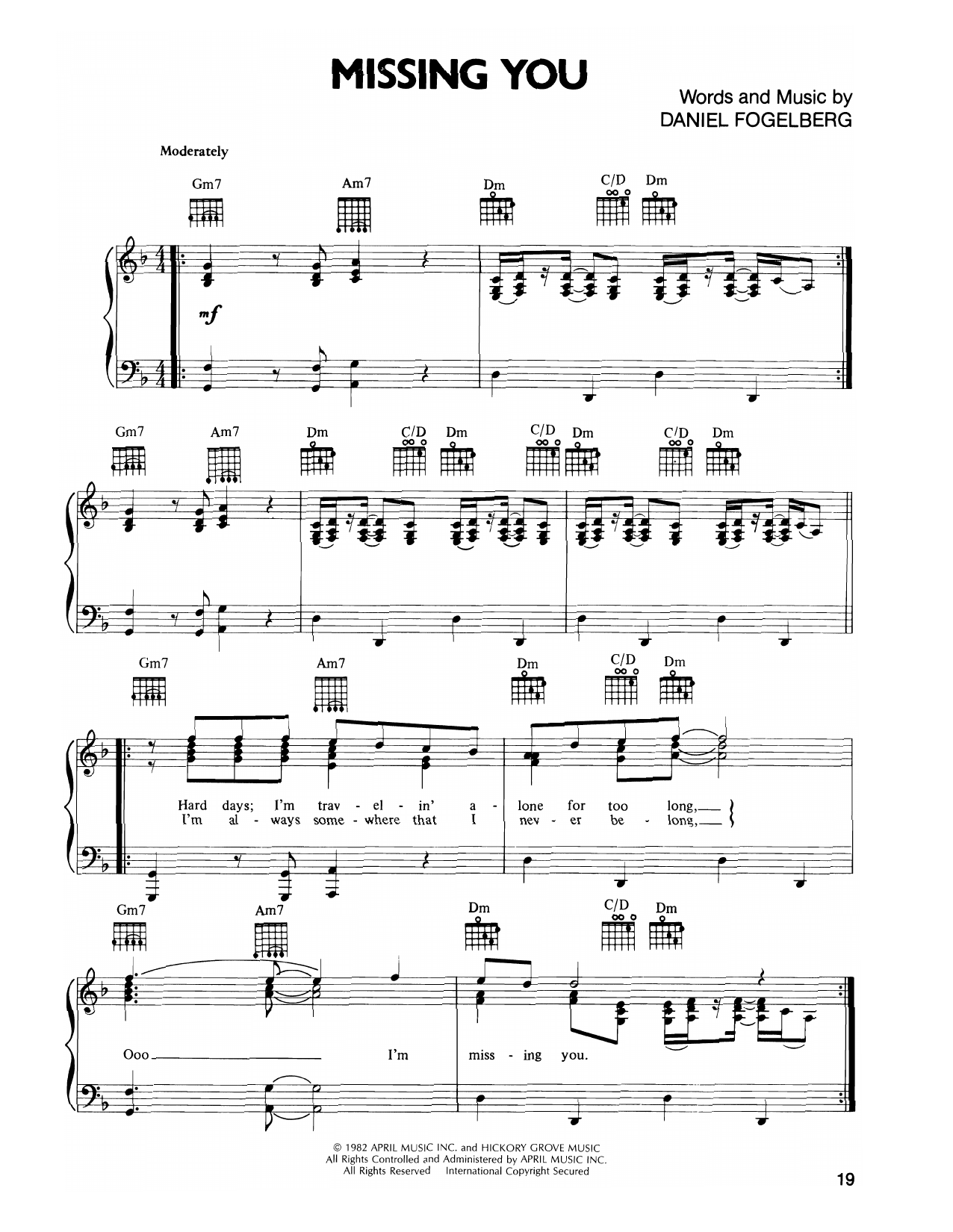 Dan Fogelberg Missing You         (Fogelberg) sheet music notes and chords arranged for Piano, Vocal & Guitar Chords (Right-Hand Melody)