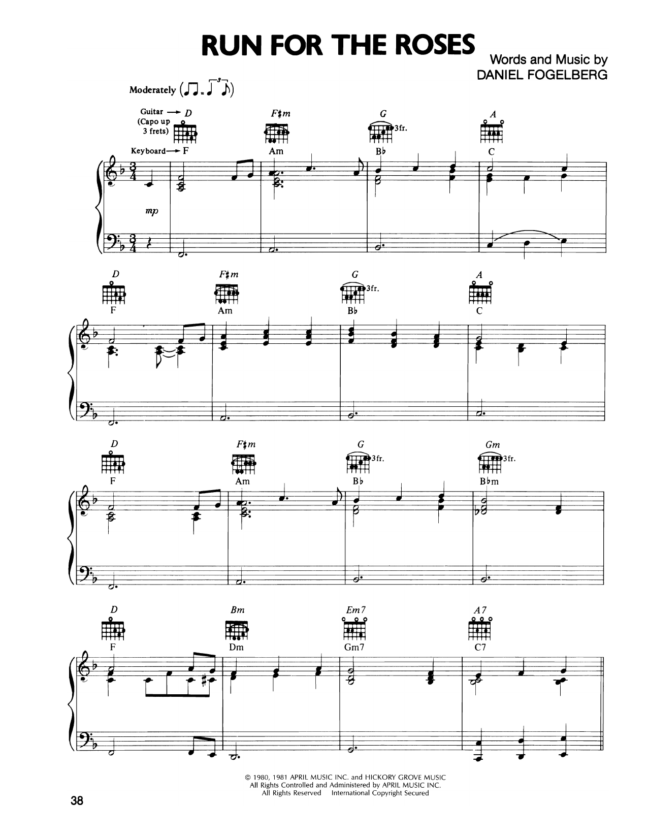 Dan Fogelberg Run For The Roses sheet music notes and chords arranged for Piano, Vocal & Guitar Chords (Right-Hand Melody)