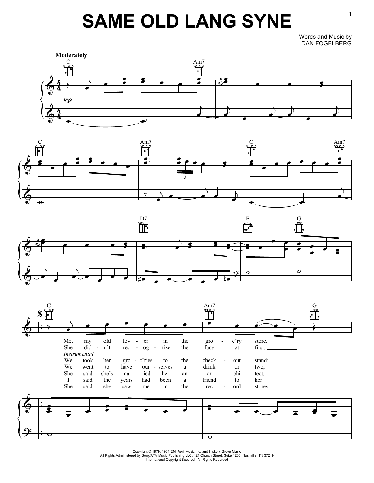 Dan Fogelberg Same Old Lang Syne sheet music notes and chords arranged for Guitar Chords/Lyrics