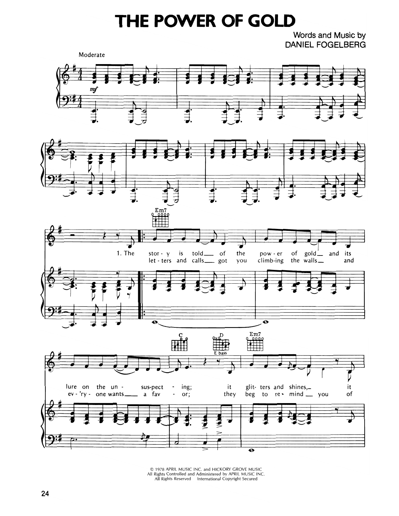 Dan Fogelberg The Power Of Gold sheet music notes and chords arranged for Piano, Vocal & Guitar Chords (Right-Hand Melody)