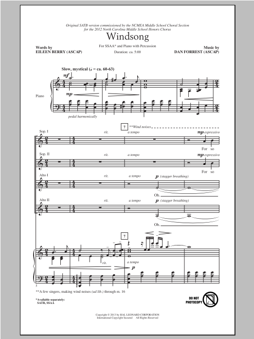Dan Forrest Windsong sheet music notes and chords arranged for SSAA Choir